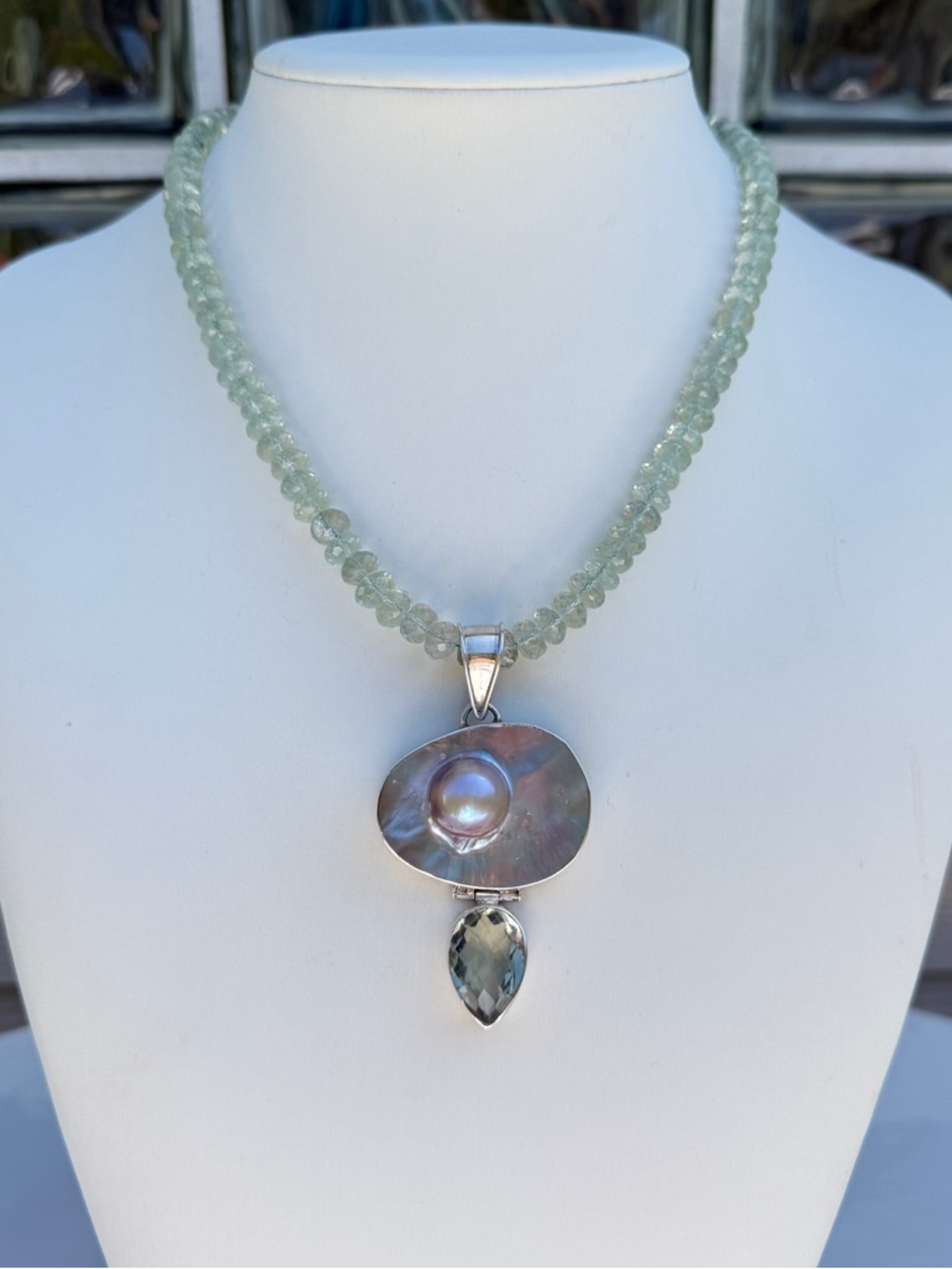 Vintage Green Amethyst & Mabé Pearl Pendant Necklace. Sterling Silver Setting.